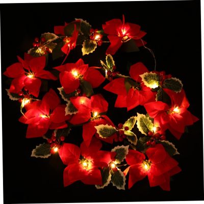 OFFSCH Artificial Red Flowers Wreath with Lights Battery-Operated Garland for Christmas Decor Led Lights for Holiday Parties and Weddings