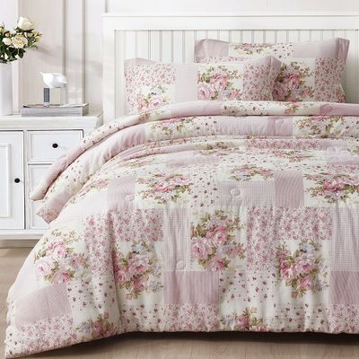 Chezmoi Collection Rosy 3-Piece King Size Washed Cotton Comforter Set - Floral Bedding Set Ivory Green Pink Flower Polka Dot Printed Patchwork Reversible Lightweight Comforter for All Season
