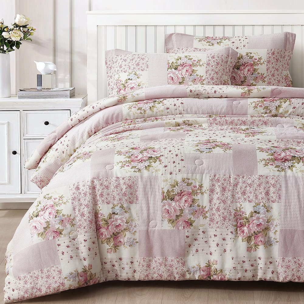 Chezmoi Collection Rosy 3-Piece King Size Washed Cotton Comforter Set - Floral Bedding Set Ivory Green Pink Flower Polka Dot Printed Patchwork Reversible Lightweight Comforter for All Season