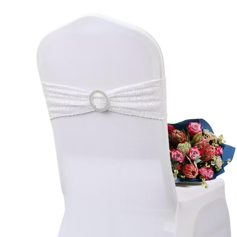 6 PCS Stretch Spandex Sequin Chair Bands,One Side Sequin Sashes Chair Bands for Wedding Party Reception Events Celebration Banquets Chairs Decoration(White)