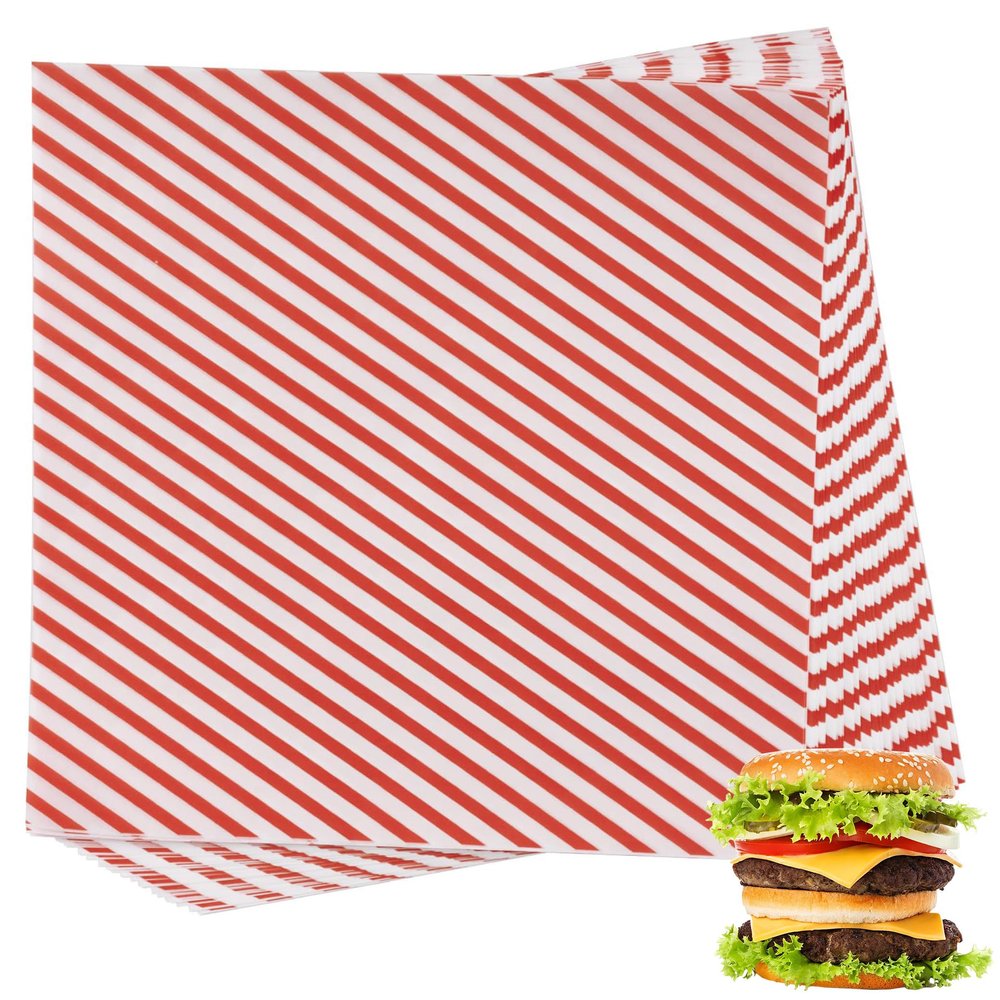 Suiwen 200 Sheets Red and White Striped Food Wrap, Dry Waxed Deli Paper, Paper Liners for Plastic Food Basket, Bread and Sandwich Wrap (12''x12'') (Red/White)