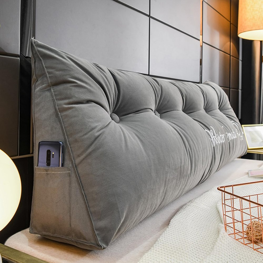 ZZYK Headboard Pillow Wedge Reading Pillow Fleece Backrest Reading Rest Pillow,Large Triangle Back Cushion Day Bed Bench Rest Pillow with Washable Cover,Gray,Full(47"/120cm)