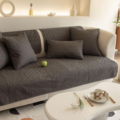 vctops Farmhouse Geometric Embroidered Couch Sofa Cover Cotton Quilted Sectional Couch Cover Non-Slip Sofa Slipcover Furniture Protector for Kids, Dogs, Cats (Dark Grey,36"x94")