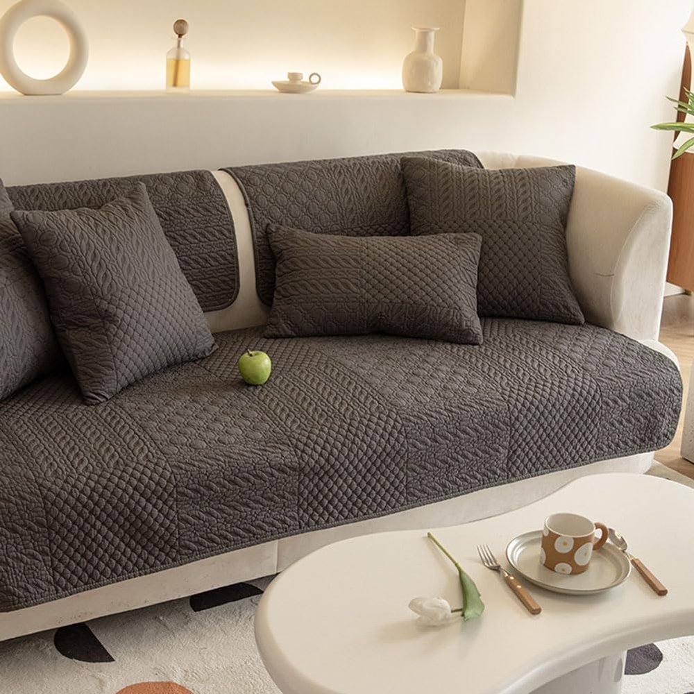 vctops Farmhouse Geometric Embroidered Couch Sofa Cover Cotton Quilted Sectional Couch Cover Non-Slip Sofa Slipcover Furniture Protector for Kids, Dogs, Cats (Dark Grey,36"x94")