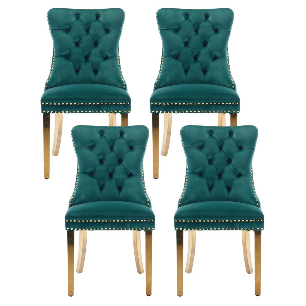 Rhomtree Dining Chair with Golden Stainless Steel Plating Legs, Contemporary Velvet Chairs for Dining Room Upholstered Dining Chairs with Nailhead Trim and Back Ring Pull on Backrest (Green, Set of 4)