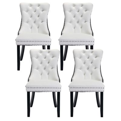 Rhomtree PU Dining Chair, Contemporary PU and Velvet Chairs for Dining Room Upholstered Dining Chairs with Nailhead Trim and Back Ring Pull on Backrest for Kitchen Dining Room (White+Black, Set of 4)