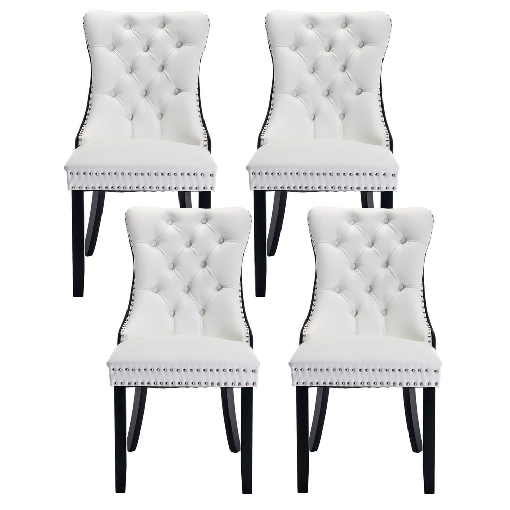 Rhomtree PU Dining Chair, Contemporary PU and Velvet Chairs for Dining Room Upholstered Dining Chairs with Nailhead Trim and Back Ring Pull on Backrest for Kitchen Dining Room (White+Black, Set of 4)