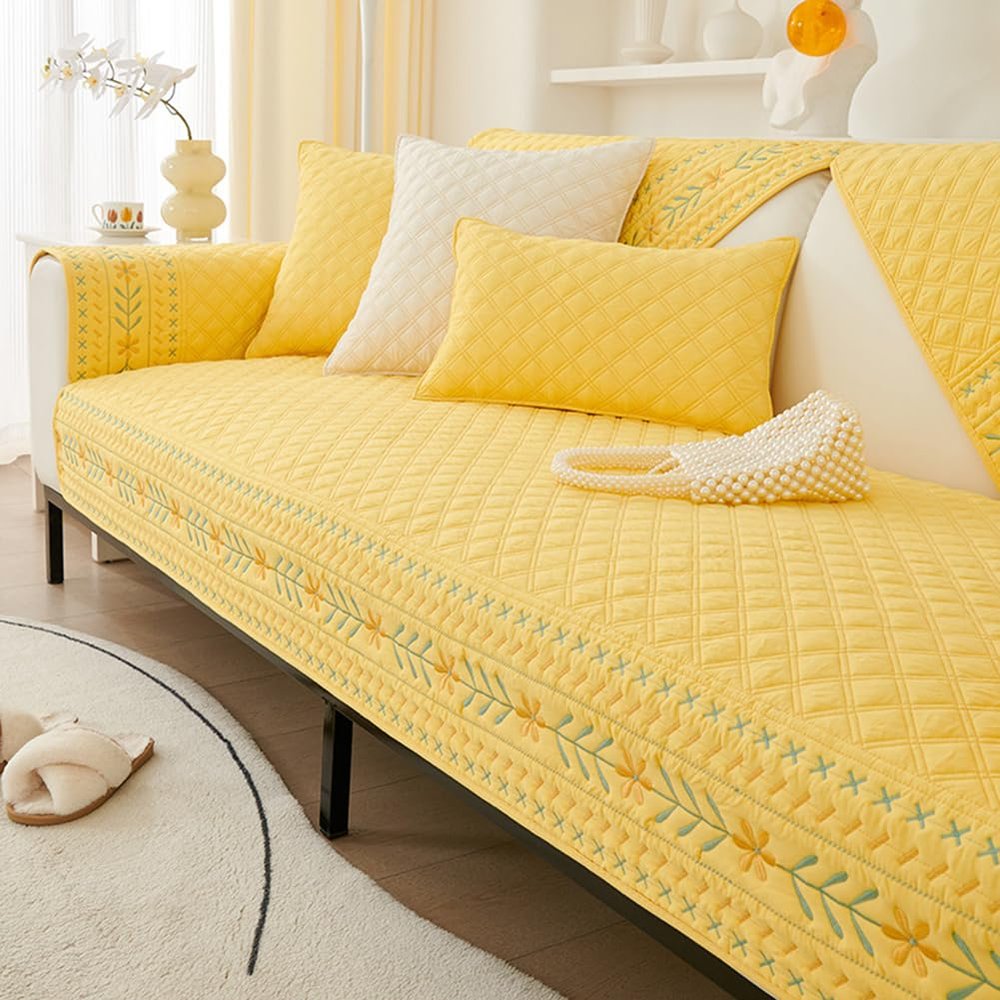 vctops Cotton Quilted Sofa Cover Farmhouse Floral Embroidered Sectional Couch Cover Non Slip Washable Sofa Slipcover Furniture Protector for Kids Dog Cat, 1 Piece/Not All Set (Yellow,27"x47")