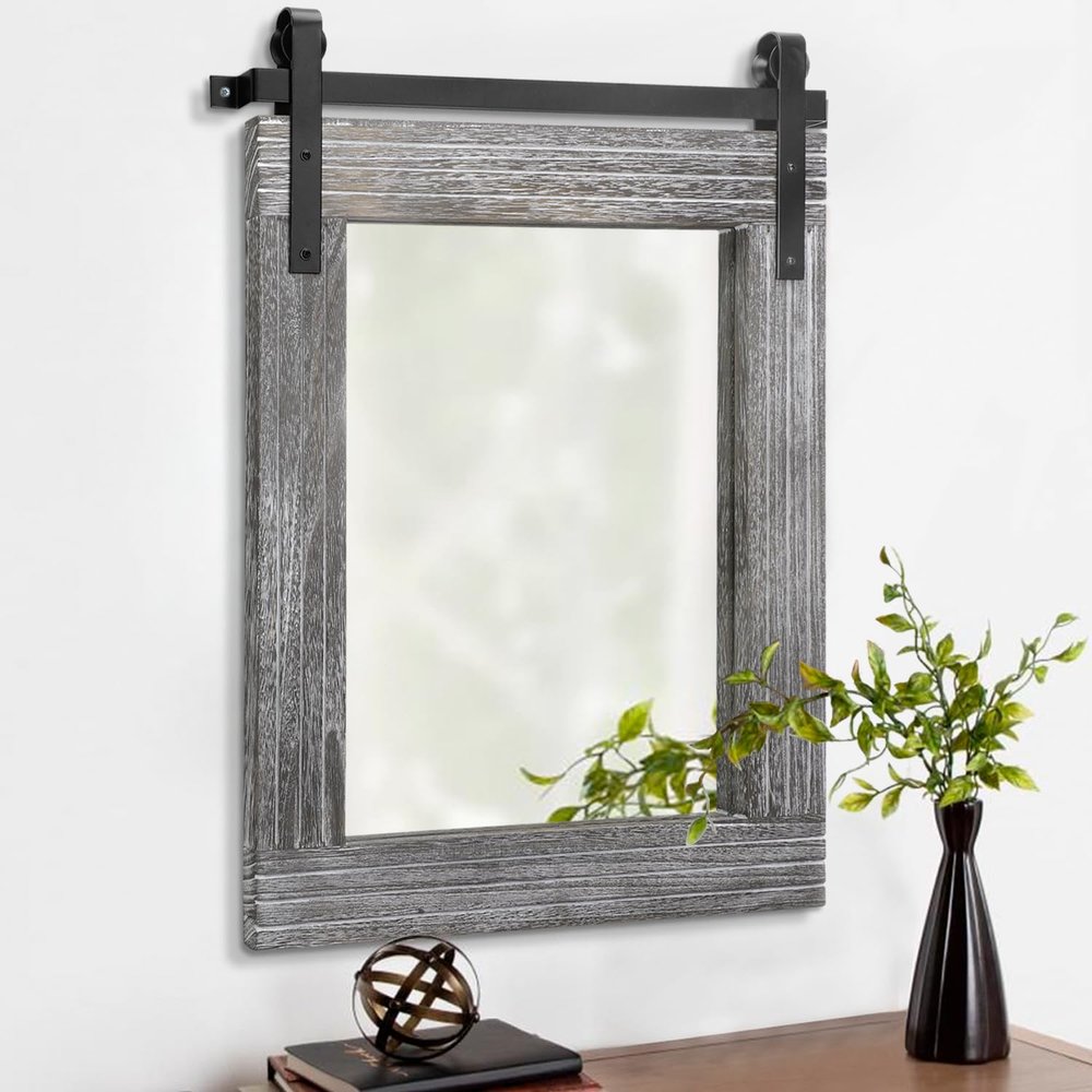 AAZZKANG Barn Door Rustic Mirror Large Wood Framed Wall Mirror 30"x22" Rectangle Bedroom Bathroom Farmhouse Vanity Mirror Vertical