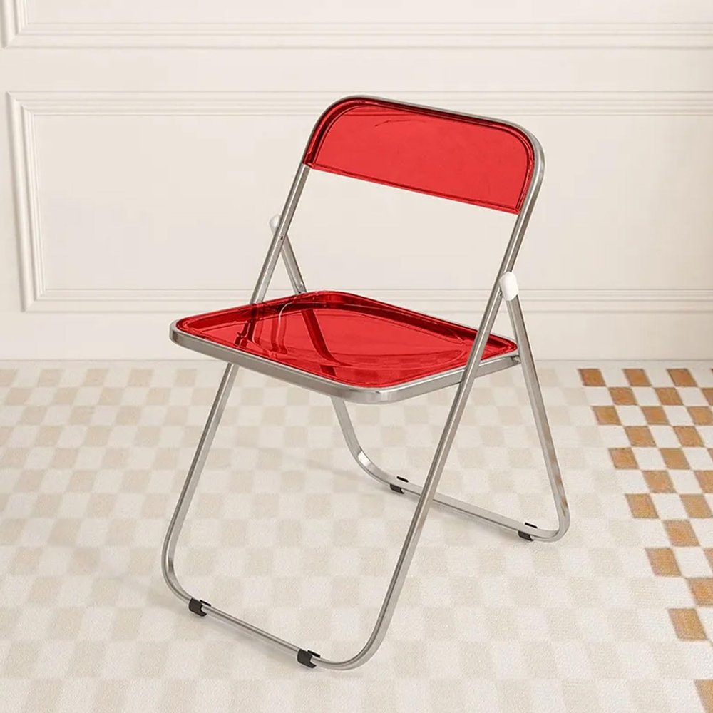 PAPERGAN Folding Chairs Indoor - Modern Acrylic Stackable Crystal Seat with Chrome Frame - Multifunctional Transparent Furniture for Living Room and Outdoor Use (Color : Red)