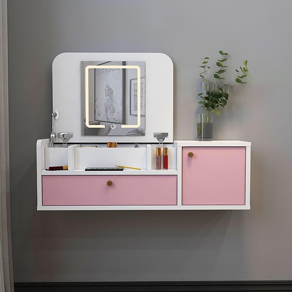 HSPLXYT Vanity Desk with LED Lighted Mirror,Makeup Vanity with Large Lighted Mirror,Vanity Table Makeup Vanity with 1 Drawers and 1 Cabinets,Pink (Size : 100cm)