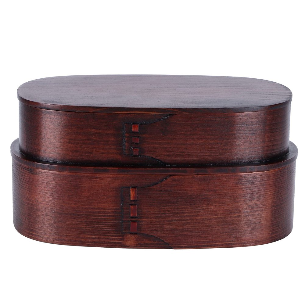 Aqur2020 Lunch Box, Portable Sushi Box Rice Round Container Wooden Double Layers Food Storage Container for Office Travel (19 * 10 * 9.5 Old Paint Double Layer Lunch Box)