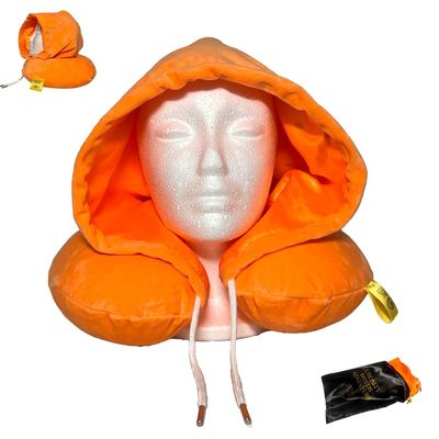 Global Citizen Travel Neck Pillow with Hood Premium Memory Foam Airplane Pillow with Satin-Lined Hood for Privacy & Hair Protection, Plush U-Shape Support, Includes Carry Pouch (Sherbert Orange)