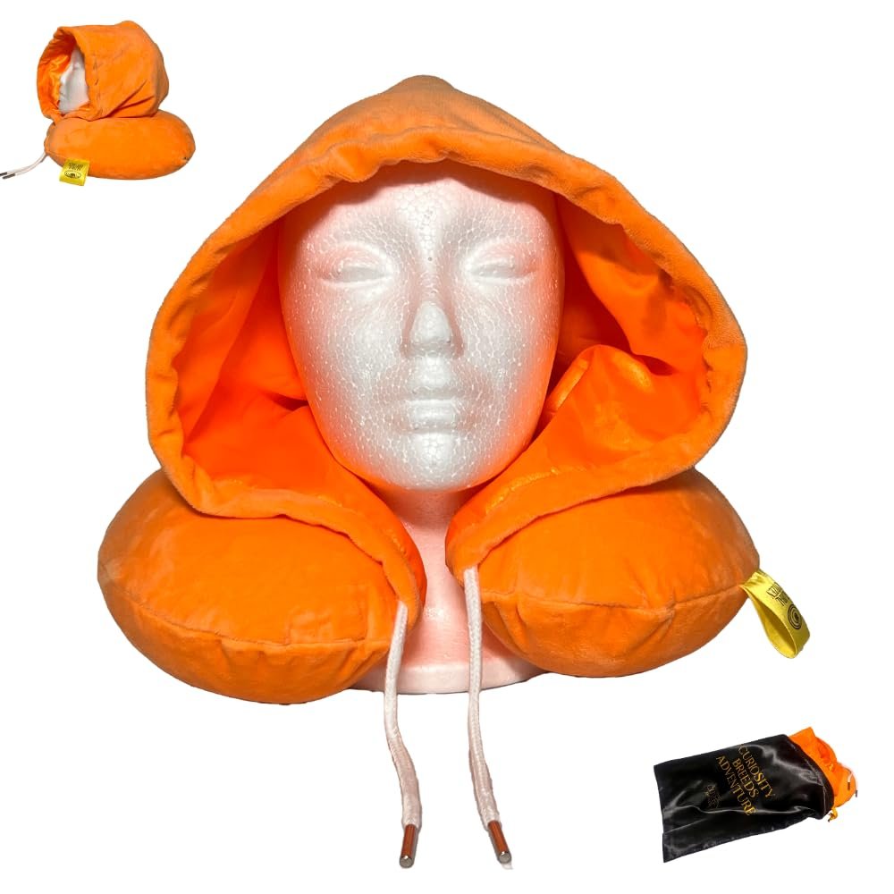 Global Citizen Travel Neck Pillow with Hood Premium Memory Foam Airplane Pillow with Satin-Lined Hood for Privacy & Hair Protection, Plush U-Shape Support, Includes Carry Pouch (Sherbert Orange)
