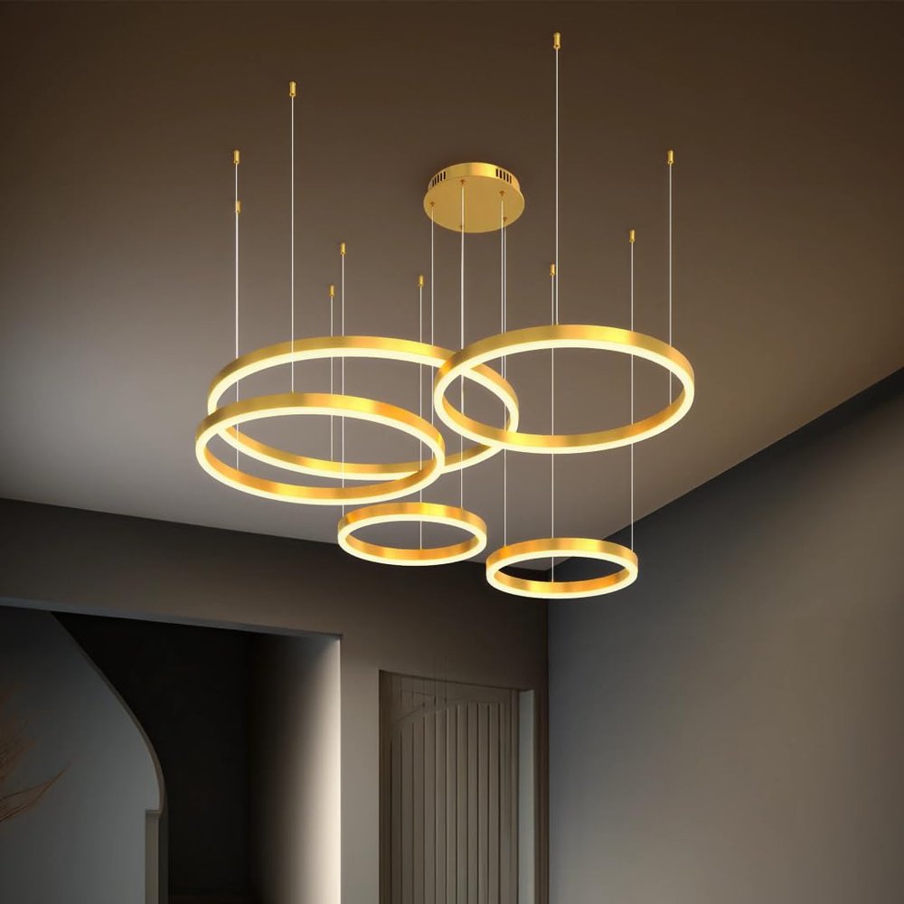 MOD LIGHTING Charlotte Modern 5-Ring Chandelier, 1 Pack, Gold