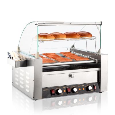 ROVSUN 30 Hot Dog 11 Roller, Hot Dog Roller Warmer Grill Cooker Machine w/Bun Warmer, Cover, Dual Temp Control, LED Light, Removable Shelf & Drip Tray for Party Home Commercial 2000W ETL Certified