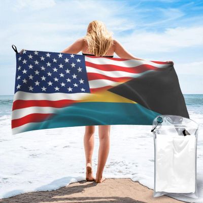 Half American Half Bahamian Flag Beach Towel with Towel Band, 27.5 Inches Soft Microfiber Beach Towels Quick Dry Absorbent Sand Free Beach Blanket for Adults in Beach Pool