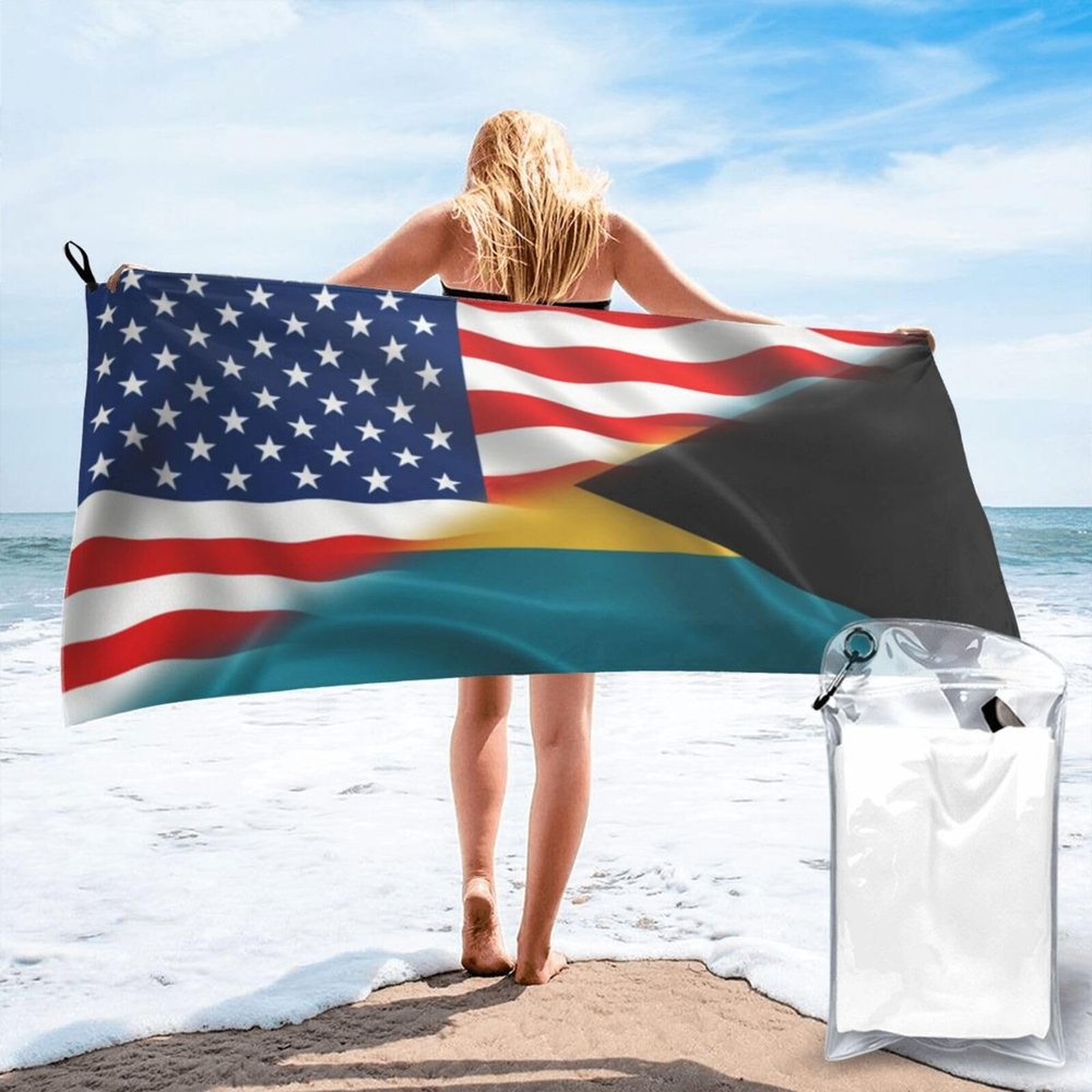 Half American Half Bahamian Flag Beach Towel with Towel Band, 27.5 Inches Soft Microfiber Beach Towels Quick Dry Absorbent Sand Free Beach Blanket for Adults in Beach Pool