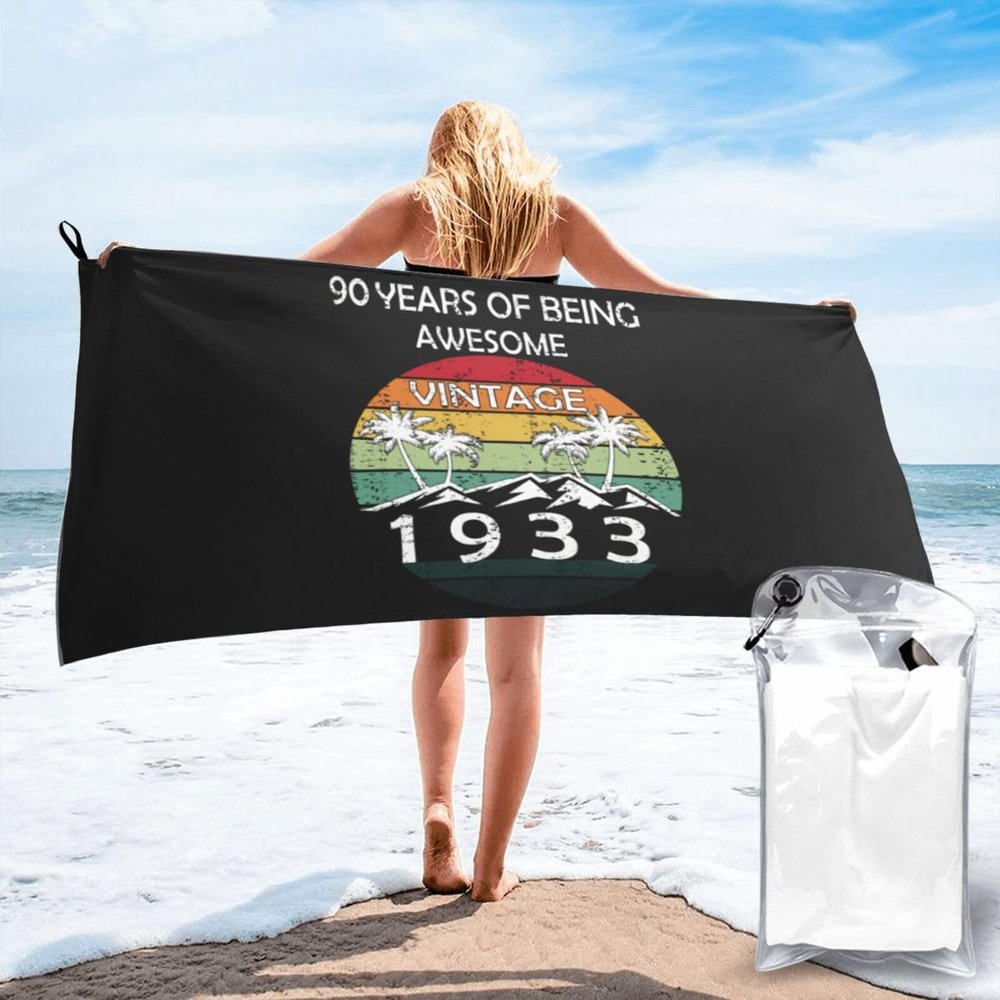 Happy 90th Birthday Beach Towel with Towel Band, 27.5 Inches Soft Microfiber Beach Towels Quick Dry Absorbent Sand Free Beach Blanket for Adults in Beach Pool