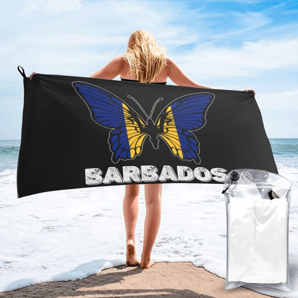 Barbados Flag Butterfly Beach Towel with Towel Band, 27.5 Inches Soft Microfiber Beach Towels Quick Dry Absorbent Sand Free Beach Blanket for Adults in Beach Pool