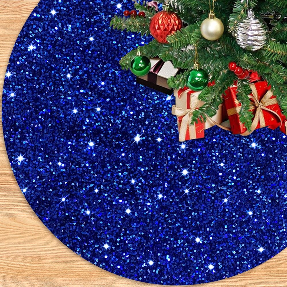 Christmas Tree Skirts 46 Inch Royal Blue Velvet Christmas Trees Skirt Sequin Christmas Tree Mat Rustic Trees Skirt Blue Tree Skirts for Artificial Trees Indoor Outdoor Home Christmas Ornaments
