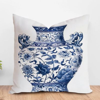 ArogGeld Blue and White Porcelain Oriental Garden Farmhouse Pillow Covers Blue Chinoiserie Vase White Linen Throw Pillow Cushion Traditional Chinese Chinoiserie Pillow Cases 18x18in