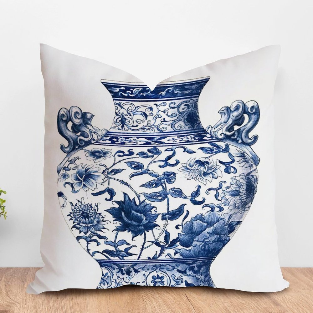 ArogGeld Blue and White Porcelain Oriental Garden Farmhouse Pillow Covers Blue Chinoiserie Vase White Linen Throw Pillow Cushion Traditional Chinese Chinoiserie Pillow Cases 18x18in