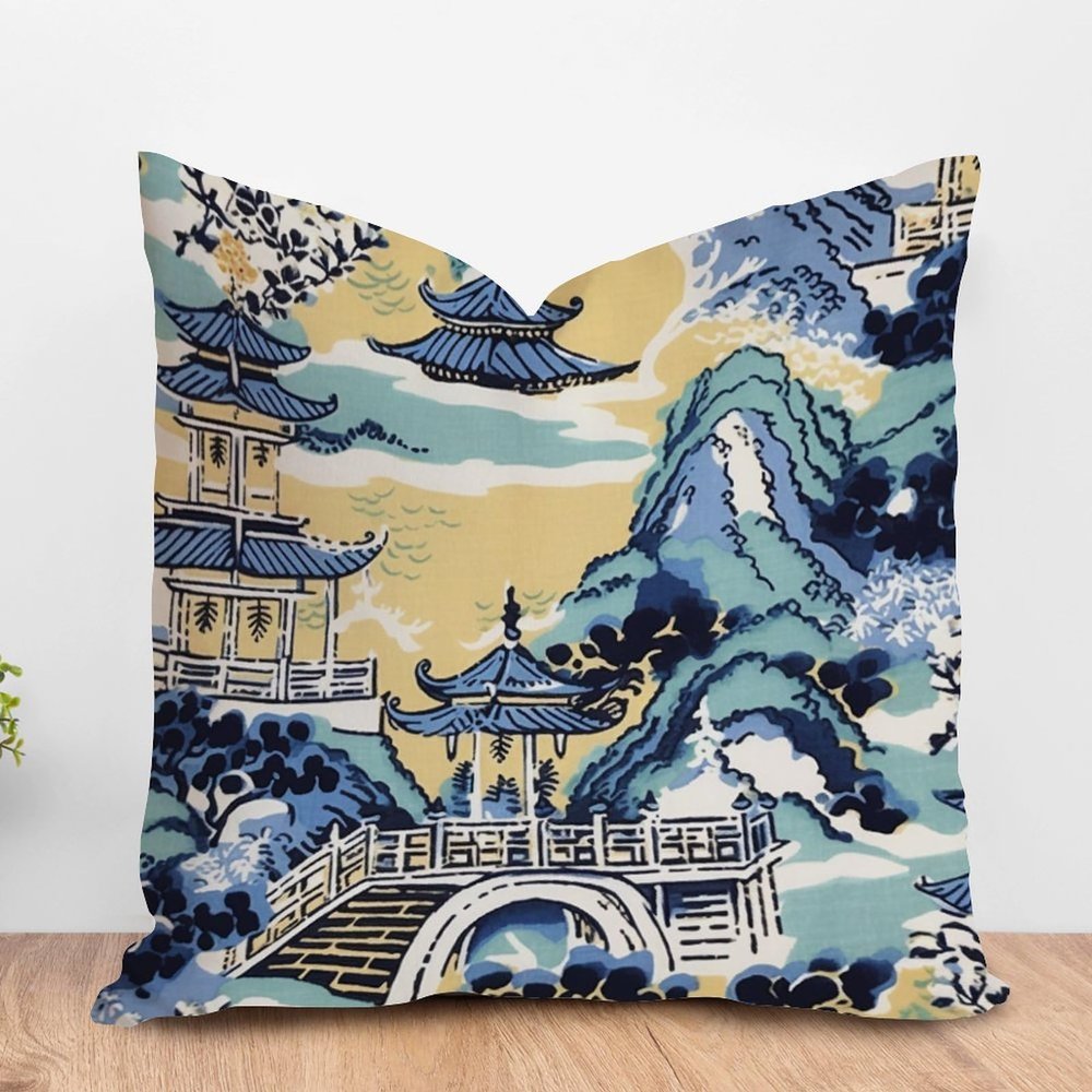 ArogGeld Aqua Blue and Gold Pagoda Farmhouse Sofa Cushion Cover Ming Blue Pagoda Asian Throw Pillow Cushion Chinoiserie Pillow Cover Case for Sofa Couch Car Chair 20x20in White Linen