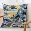 ArogGeld Aqua Blue and Gold Pagoda Farmhouse Sofa Cushion Cover Ming Blue Pagoda Asian Throw Pillow Cushion Chinoiserie Pillow Cover Case for Sofa Couch Car Chair 20x20in White Linen view 3