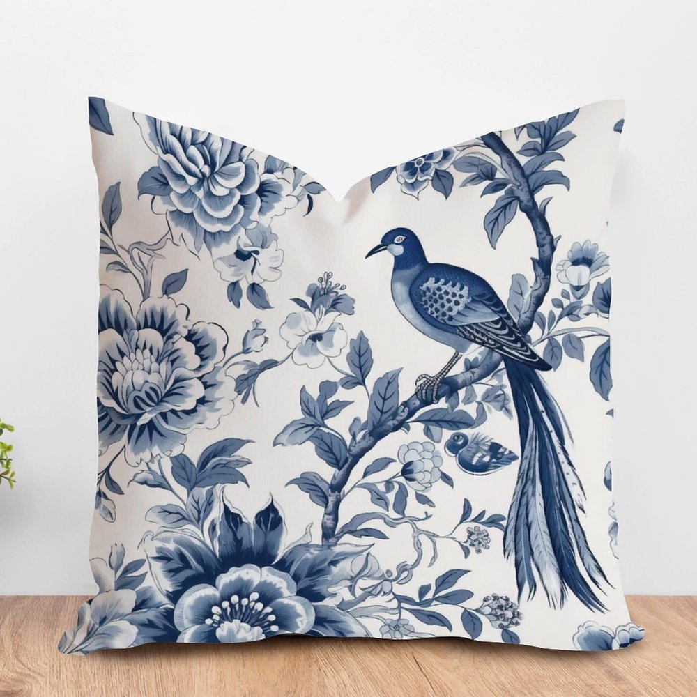 ArogGeld Chinoiserie Crane Bird Peacock Farmhouse Sofa Cushion Cover Blue Flower and Bird Asian Garden Home Decor Cushion Cover Chinoiserie Style Double Side Check Pillow 16x16in White Linen