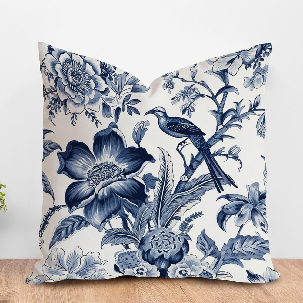 ArogGeld Chinoiserie Crane Bird Peacock Cushion Cover Blue Flower and Bird Asian Garden Square Pillow Cover Japanese Asian Style Throw Pillowcase for Living Room Bedroom 16x16in White Linen