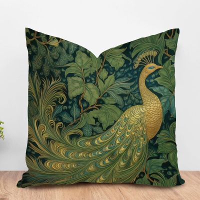ArogGeld Gold and Green Peacock Throw Pillows Chinoiserie Bird and Flower Green Decorative Sofa Cushion Cover Chinoiserie Style Farmhouse Pillow Case for Sofa Living Room 18x18in White Flax