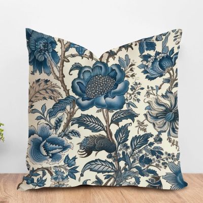 ArogGeld Chinoiserie Coastal Style Flower Farmhouse Throw Pillows Hamptons Style Teal Blue Floral White Linen Cushion Cover Chinoiserie Style Pillow Sham with Zipper for Living Room 16x16in