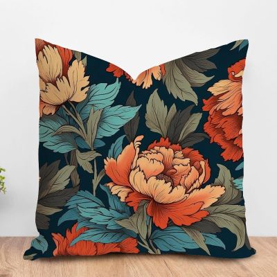 ArogGeld Chinoiserie Coral Peony Floral Sofa Pillow Cover Peony Flower Teal Green and Red Decorative Cushion Covers Chinoiserie Chic Asian Farmhouse Pillow Cover Case for Sofa Chair 16x16in