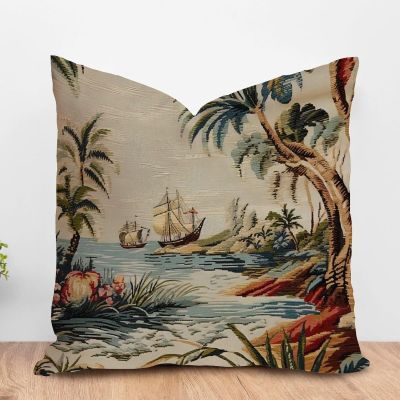 ArogGeld Antique Chinoiserie Asian Scenic Cushion Covers Brown Linen Bird and Flower Square Throw Pillow Oriental Toile Chinoiserie Throw Pillow Case for Sofa Living Room 24x24in White Linen