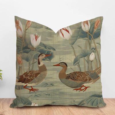 ArogGeld Aqua Lotus and Duck Garden Farmhouse Cushion Cover Green Water Lily Chinoiserie Flower Home Decor Sofa Cushion Cover Asian Scenic Chinoiserie Throw Pillowcase 26x26in White Linen