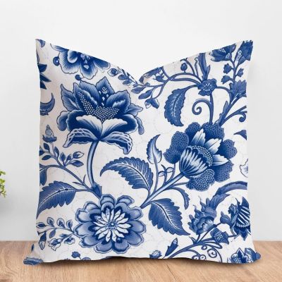 ArogGeld Chinoiserie Blue Flower Farmhouse Throw Pillow Covers Blue and Ivory Indigo Floral White Linen Cushion Covers Oriental Toile Chinoiserie Pillow Cases for Chair Sofa 24x24in