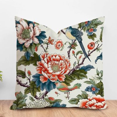 ArogGeld Bird in Peony Tree Coral Throw Pillow Red Peony Flower Animal Bird Decorative Sofa Cushion Cover Japanese Asian Style Farmhouse Toss Pillows for Sofa Couch Car Chair 24x24in