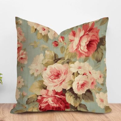 ArogGeld Cottage Chic Antique Pink Flower Farmhouse Throw Pillows Pink Cabbage Roses Romantic Aqua White Linen Cushion Covers Asian Style Chinoiserie Pillow Cover Case with Zipper 16x16in