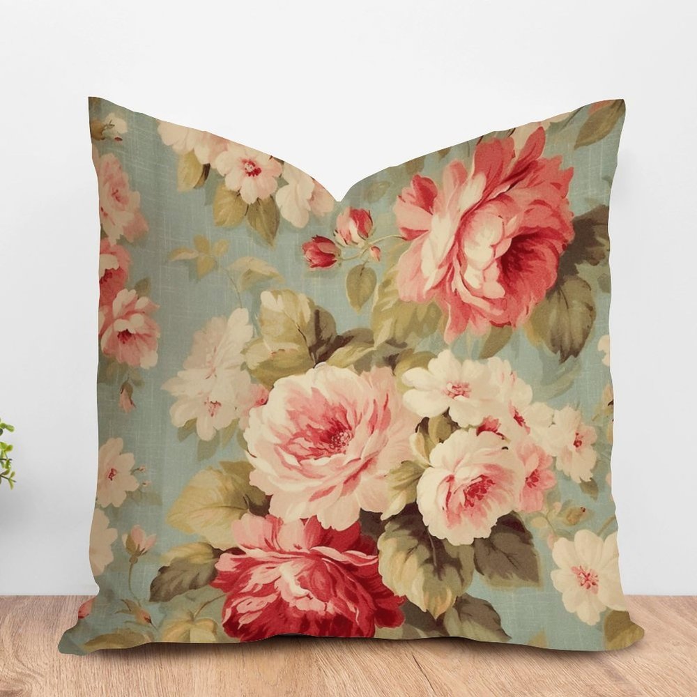 ArogGeld Cottage Chic Antique Pink Flower Farmhouse Throw Pillows Pink Cabbage Roses Romantic Aqua White Linen Cushion Covers Asian Style Chinoiserie Pillow Cover Case with Zipper 16x16in