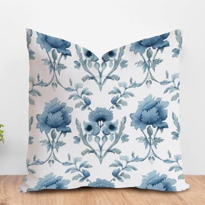 ArogGeld Oriental Chinoiserie Throw Pillow Cushion Mughal Flower in Monsoon Pillow Covers Watercolor Blue Mughal Floral Pillow Cases Farmhouse Decor for Living Room 16x16in White Flax