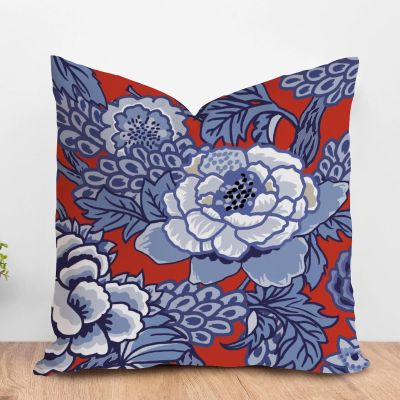 ArogGeld Red and Blue Chinoiserie Floral Cushion Cover Watercolor Blue Flower Square Pillow Covers Oriental Chinoiserie Check Pillow for Sofa Couch Car Chair 16x16in White Linen
