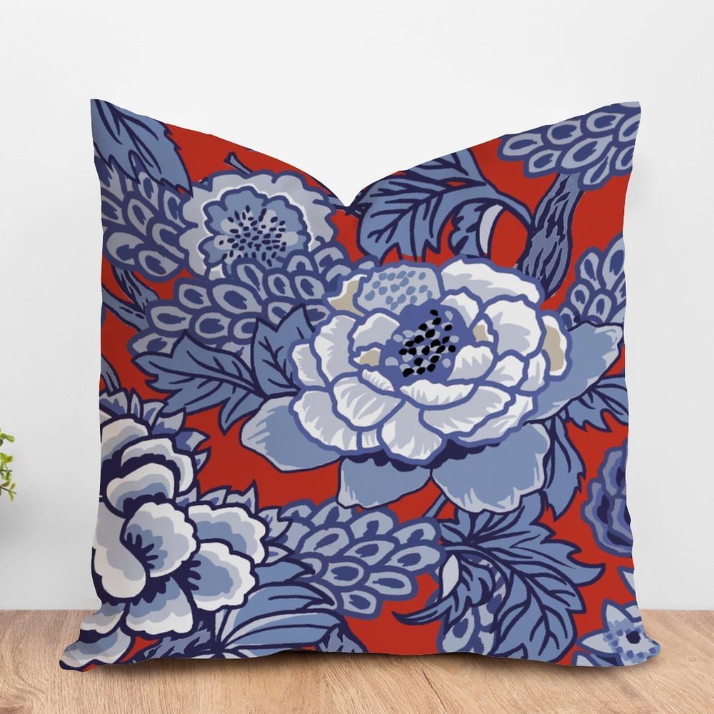 ArogGeld Red and Blue Chinoiserie Floral Cushion Cover Watercolor Blue Flower Square Pillow Covers Oriental Chinoiserie Check Pillow for Sofa Couch Car Chair 16x16in White Linen