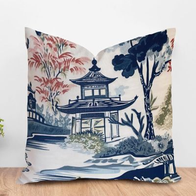ArogGeld Blue Pagoda White Coral Color Flower Sofa Pillowcase Asian Pagoda Dark Blue Decorative Sofa Cushion Cover Asian Scenic Chinoiserie Farmhouse Pillowcase for Living Room 16x16in