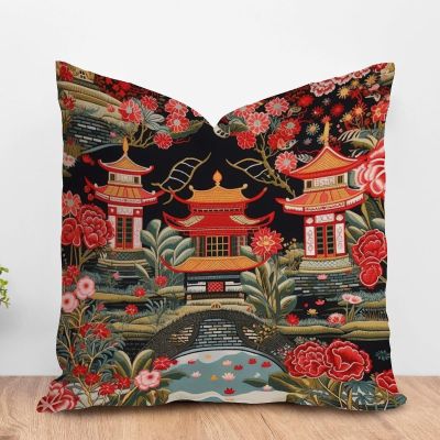 ArogGeld Chinoiserie Charcoal Coral Pagoda Throw Pillow Asian Pagoda and Red Flower Decorative Sofa Cushion Cover Japanese Asian Style Farmhouse Accent Pillow for Living Room 16x16in