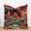 ArogGeld Chinoiserie Charcoal Coral Pagoda Throw Pillow Asian Pagoda and Red Flower Decorative Sofa Cushion Cover Japanese Asian Style Farmhouse Accent Pillow for Living Room 16x16in view 1