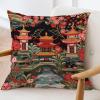 ArogGeld Chinoiserie Charcoal Coral Pagoda Throw Pillow Asian Pagoda and Red Flower Decorative Sofa Cushion Cover Japanese Asian Style Farmhouse Accent Pillow for Living Room 16x16in view 3