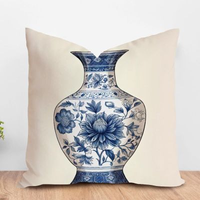 ArogGeld Blue Chinoiserie Vase Cushion Cover Blue and White Porcelain Oriental Garden Square Throw Pillow Oriental Toile Chinoiserie Throw Pillowcase for Chair Sofa 16x16in White Linen