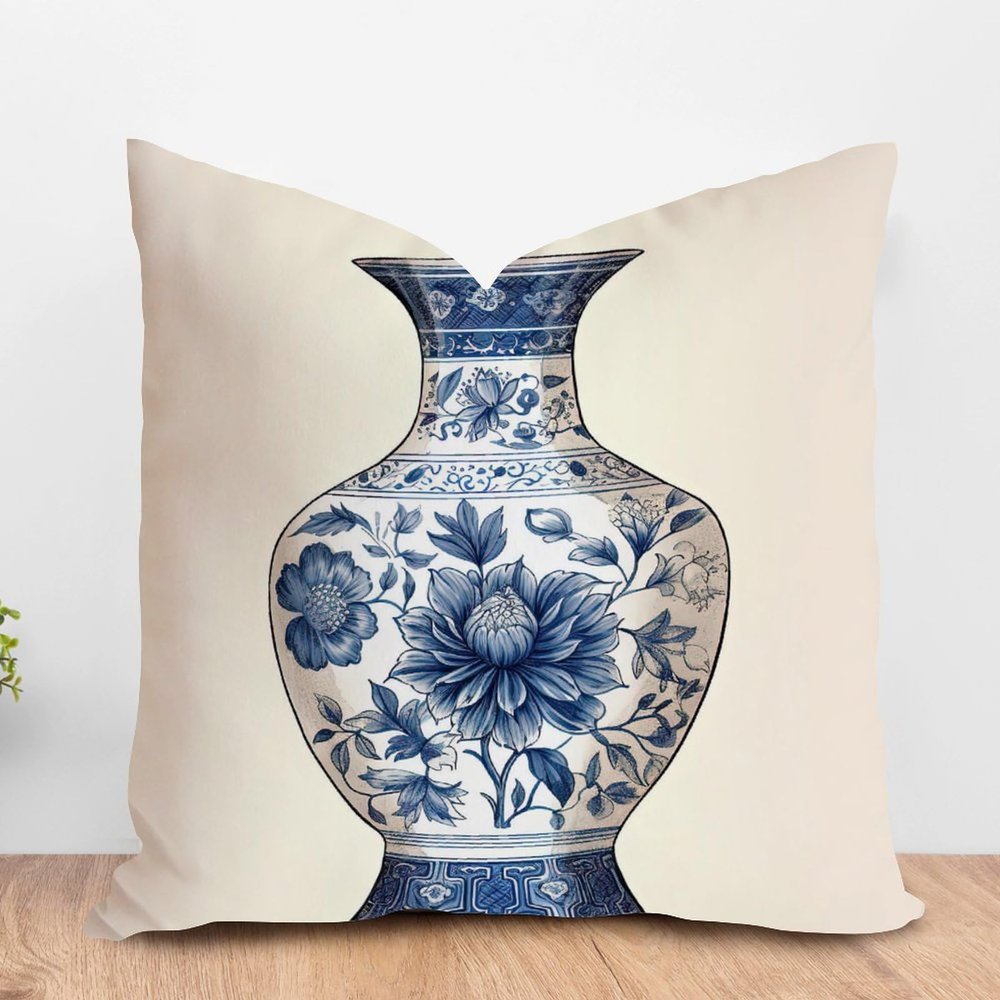 ArogGeld Blue Chinoiserie Vase Cushion Cover Blue and White Porcelain Oriental Garden Square Throw Pillow Oriental Toile Chinoiserie Throw Pillowcase for Chair Sofa 16x16in White Linen