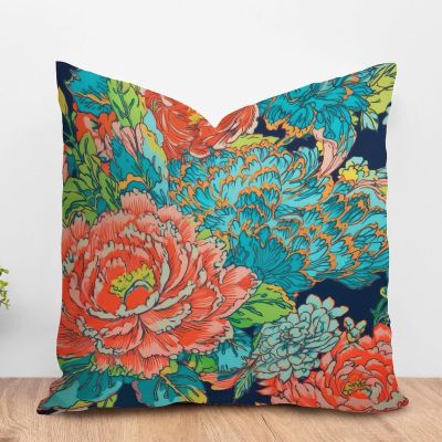 ArogGeld Chinoiserie Coral Peony Floral Farmhouse Cushion Cover Peony Flower Turquoise Teal Green Home Decor Cushion Covers Asian Scenic Chinoiserie Pillow Cover Case 24x24in White Linen